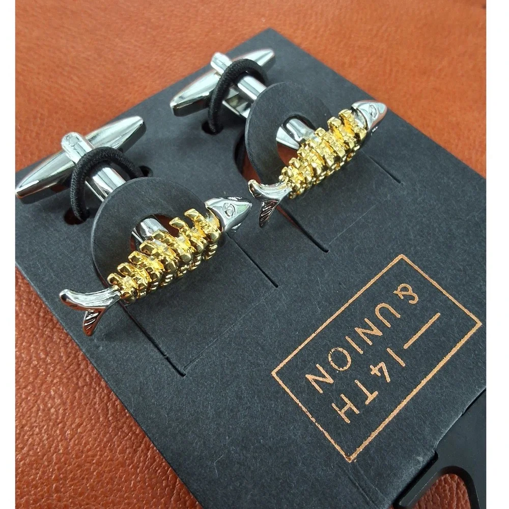 14th & Union Mens Fishbone Cufflinks‎ Two-Tone Silver Gold Fish Skeleton Novelty